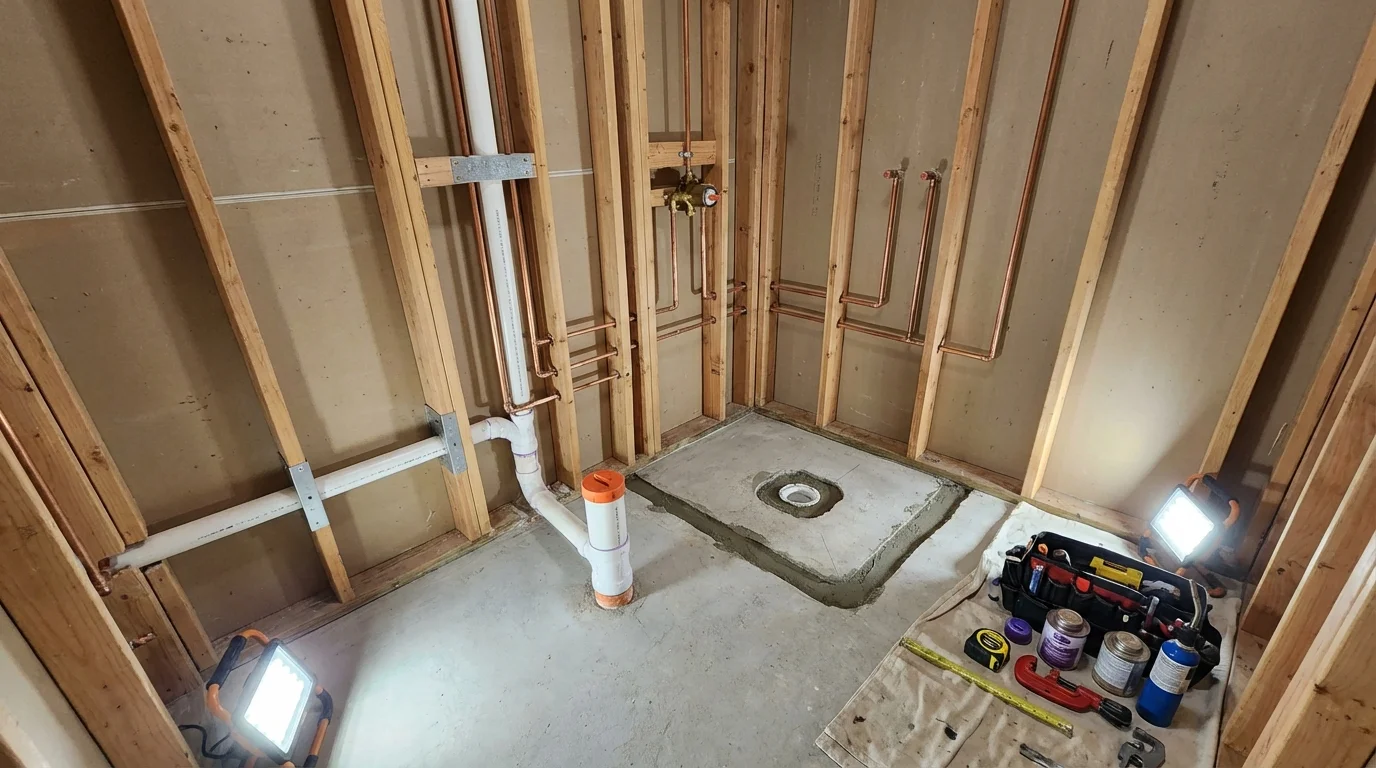 Bathroom rough-in plumbing during remodel by Johns Plumbing LLC in Oceanside