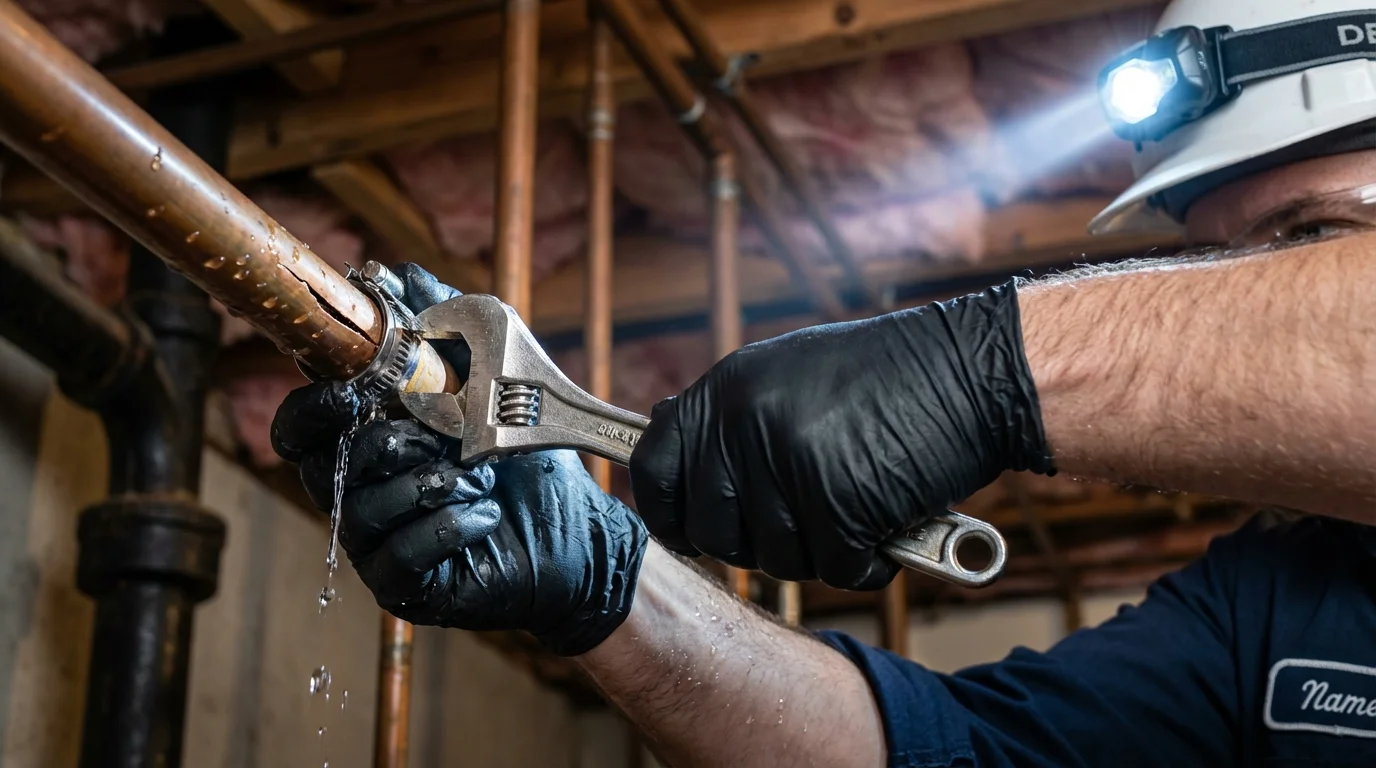Emergency pipe clamp repair being performed by a Johns Plumbing LLC plumber in Oceanside
