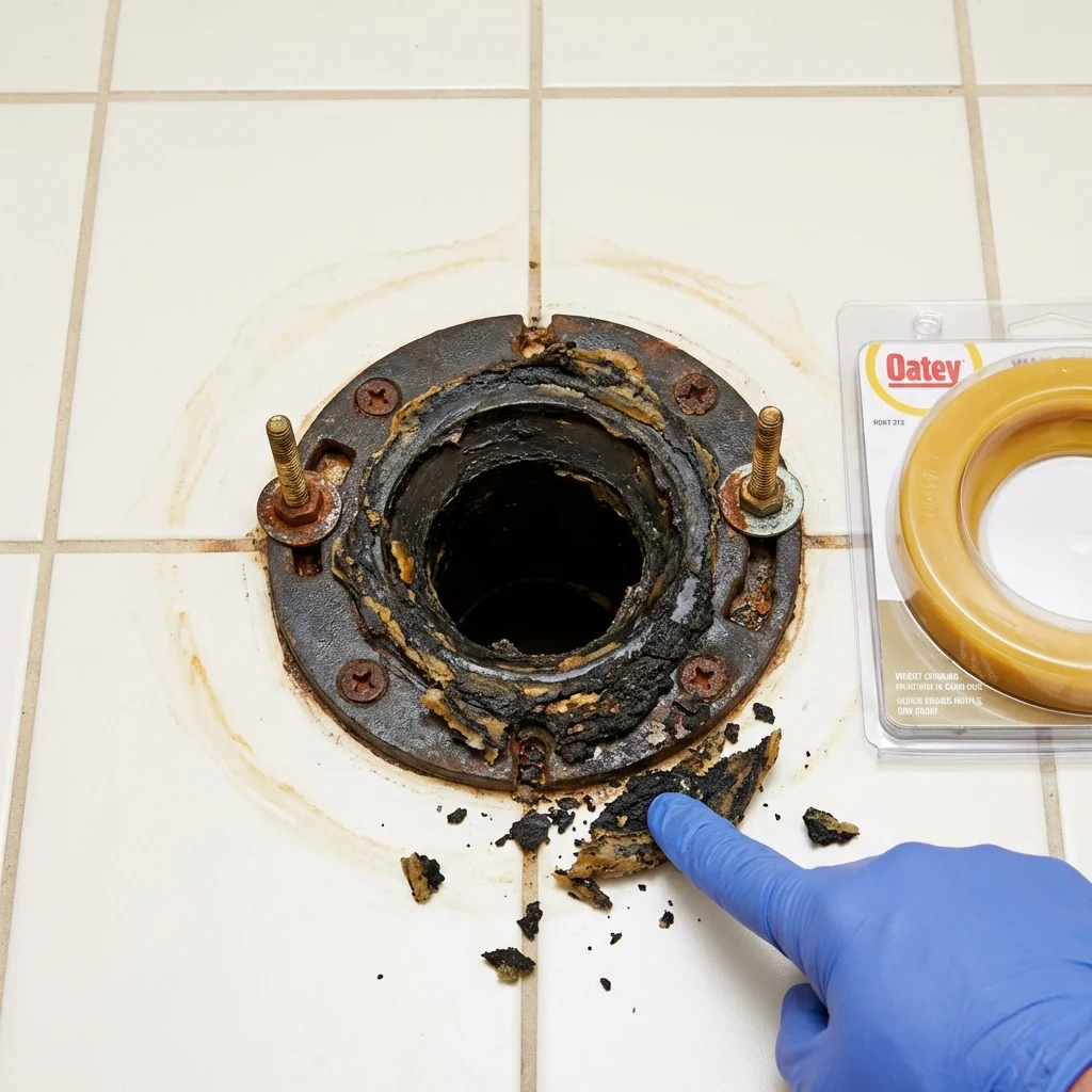 Failed wax ring showing water seepage at the base of a toilet in a Oceanside, NY home